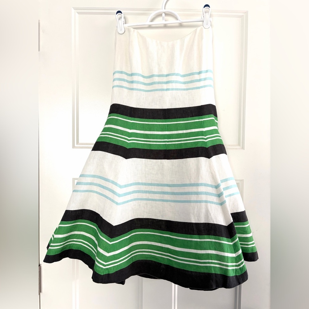 Anthropologie Strapless White Dress with Green & Black Stripes